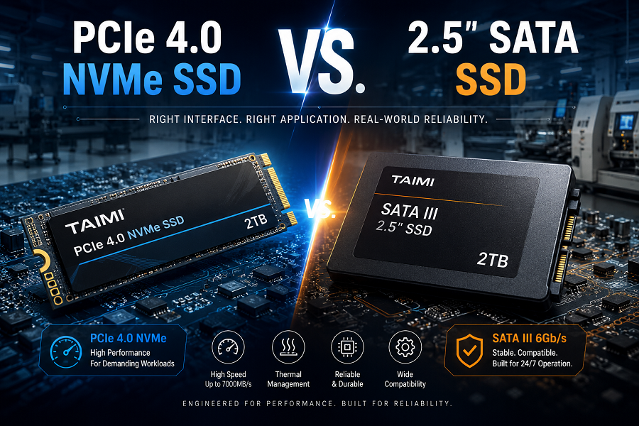 PCIe 4.0 NVMe SSD vs 2.5-inch SATA SSD comparison showing performance, applications, and storage interface differences
