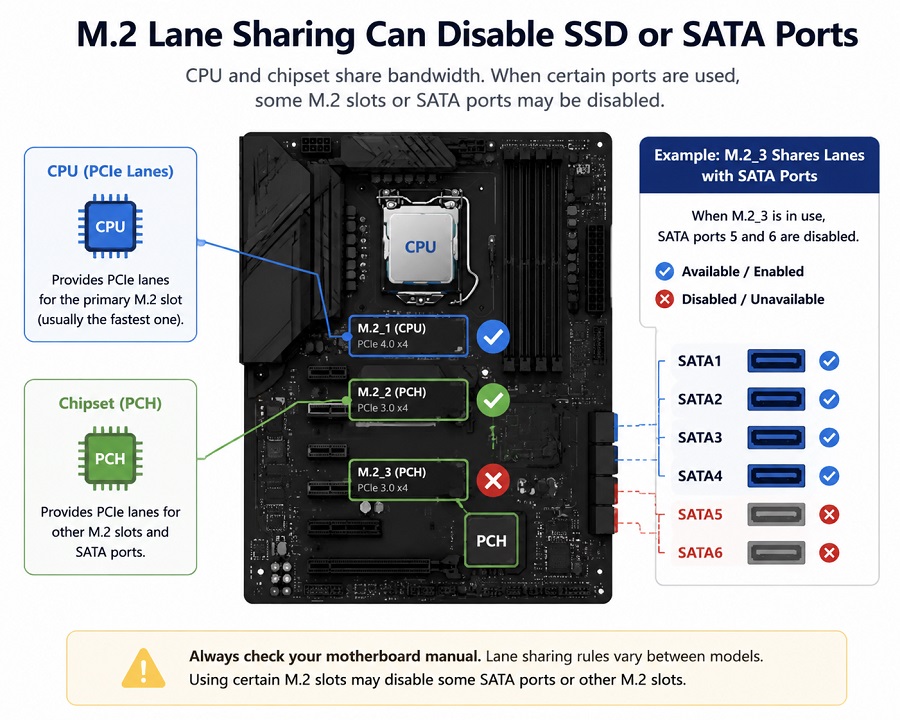 Diagram showing M.2 slot lane sharing where enabling one slot disables SATA ports or another M.2 slot