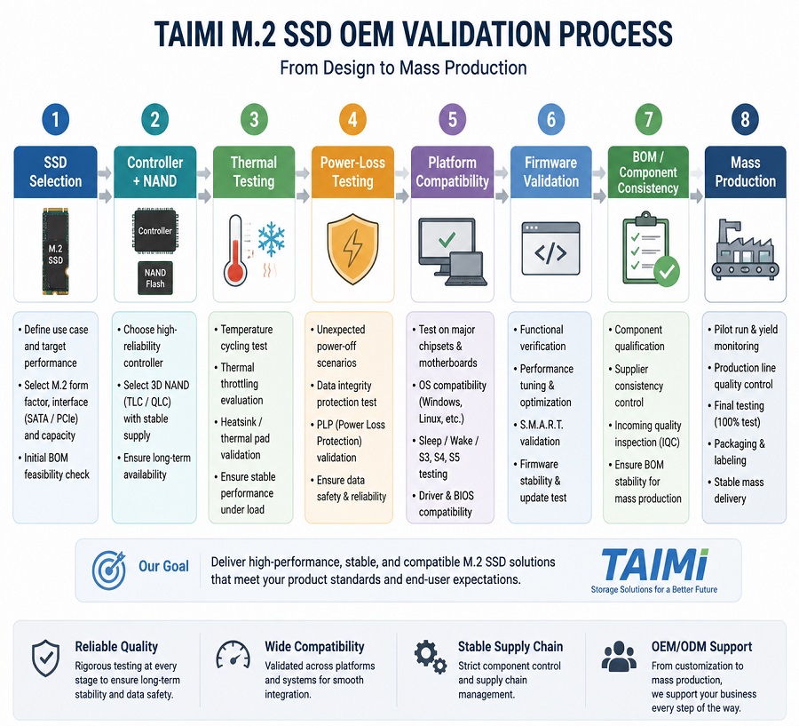 M.2 SSD OEM validation process showing controller and NAND selection, thermal testing, power-loss testing, firmware validation, and mass production