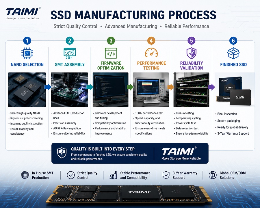 SSD manufacturing process including NAND selection SMT assembly firmware validation and testing