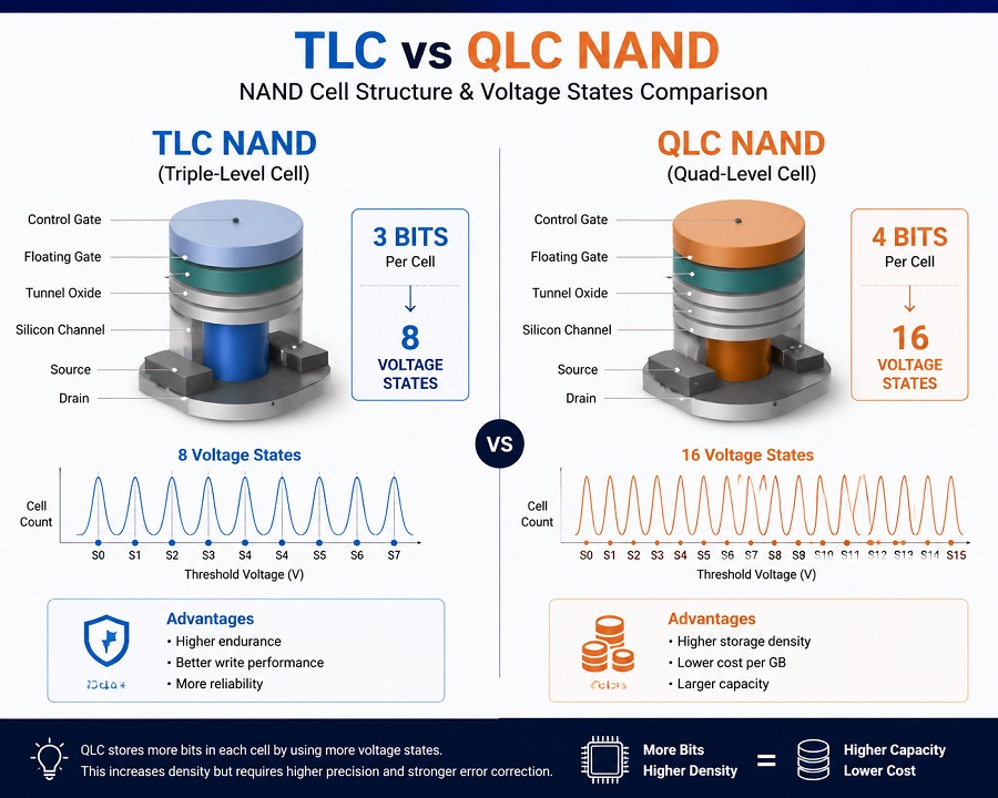 TLC and QLC NAND flash cell structure with different voltage states