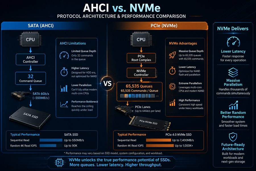 AHCI vs NVMe protocol architecture and command queue comparison