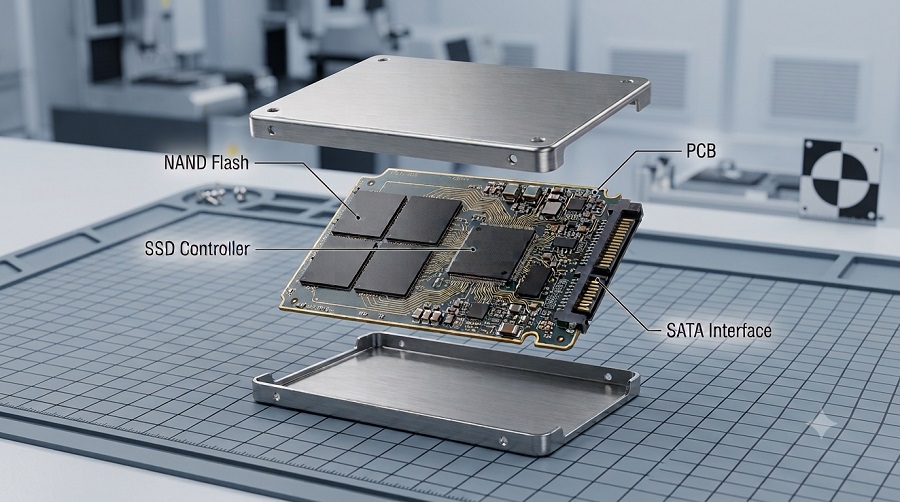 2.5 inch SATA SSD internal components including NAND Flash SSD controller PCB and SATA interface