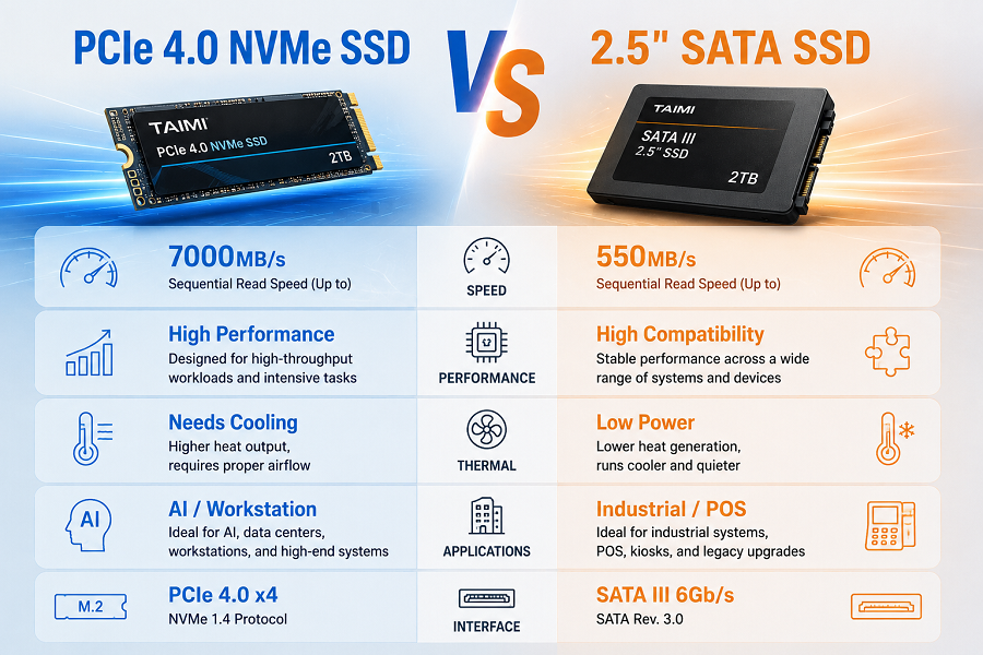 PCIe 4.0 NVMe SSD vs 2.5-inch SATA SSD comparison chart showing speed, performance, power consumption, cooling requirements, and application scenarios