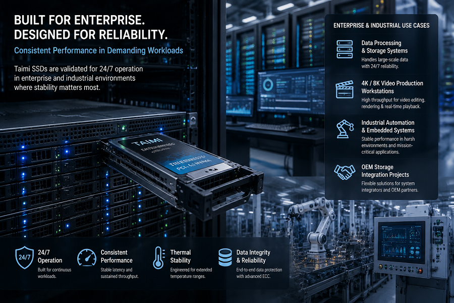 Enterprise data center server racks representing high-density storage systems and 24/7 SSD workload environments for industrial and enterprise applications