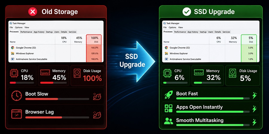 Task Manager showing 100 percent disk usage before upgrading to an SSD