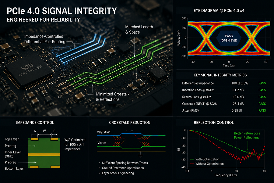 PCIe 4.0 SSD signal integrity analysis showing PCB routing, eye diagram, impedance control and crosstalk reduction for high-speed data reliability