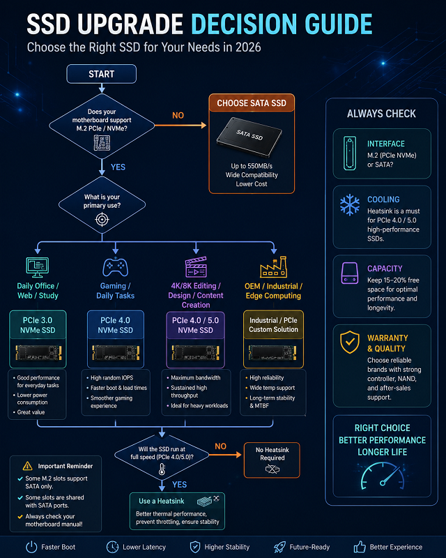 SSD upgrade decision flowchart for choosing SATA or PCIe SSD
