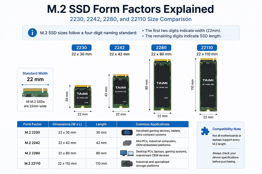 M.2 SSD size and form factor comparison for 2230, 2242, 2280, and 22110 compatibility