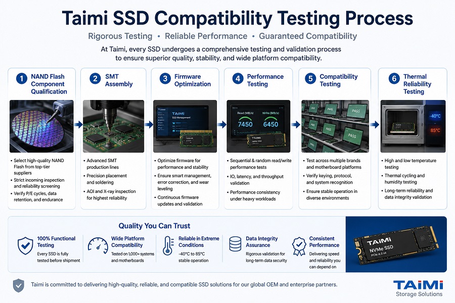 Taimi SSD compatibility testing process showing NAND qualification, SMT assembly, firmware optimization, performance testing, platform compatibility testing, and thermal reliability testing