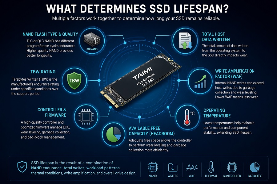 Factors that determine SSD lifespan including NAND endurance, TBW, write amplification, temperature, and controller