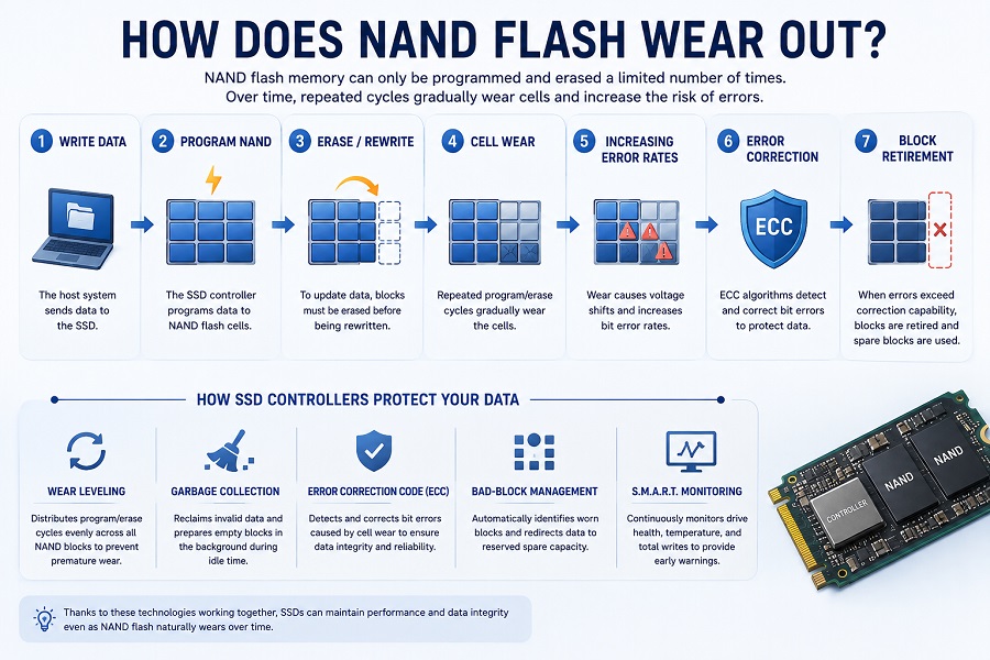 How NAND flash wears out through program and erase cycles and how SSD controllers manage aging