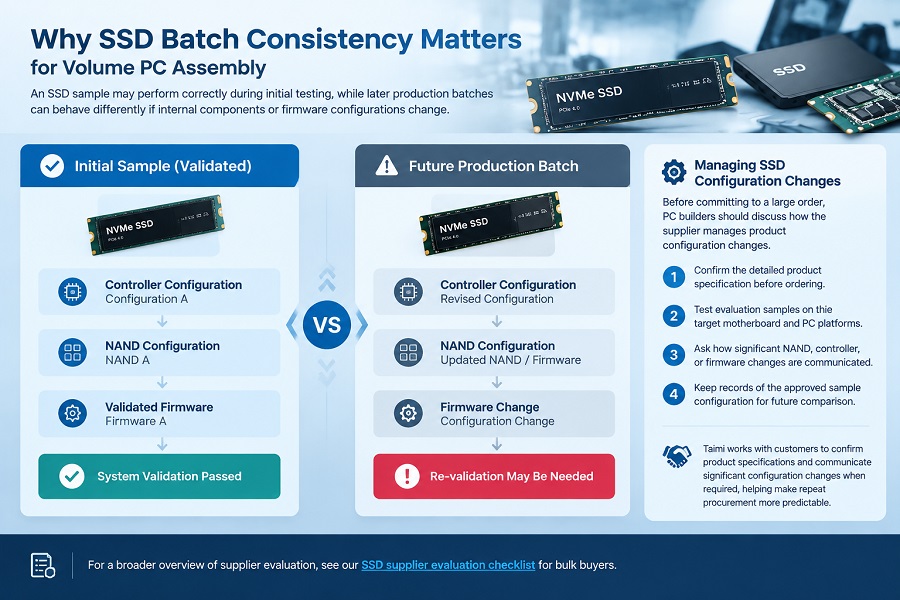 SSD batch consistency comparison showing NAND controller and firmware changes