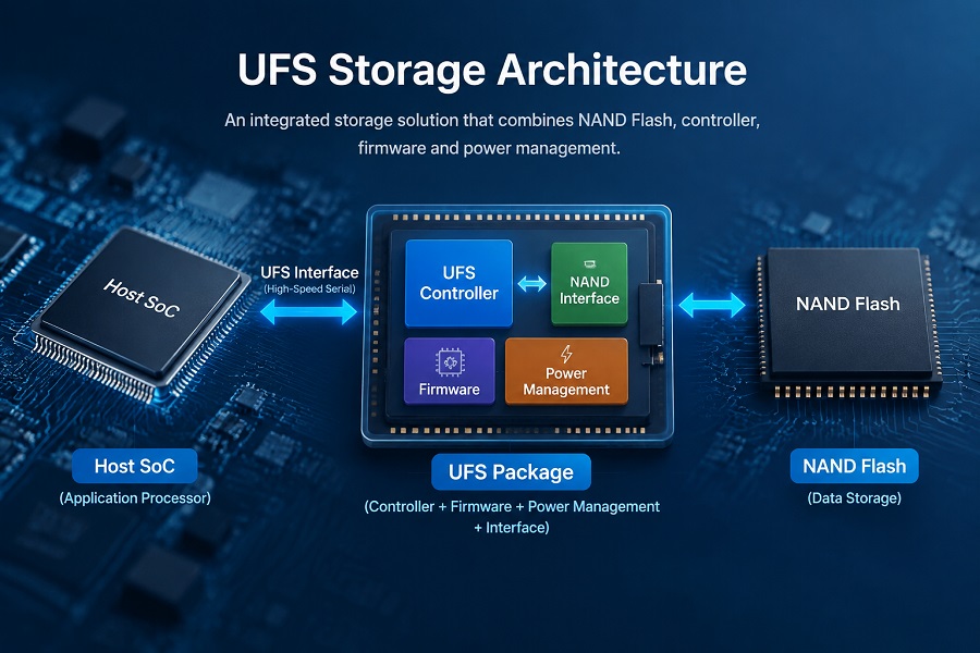 UFS storage architecture showing host SoC, UFS controller, firmware and NAND Flash components