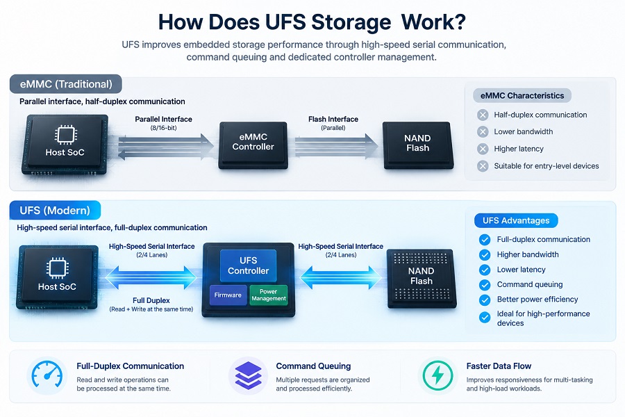 UFS full duplex communication and command queuing compared with traditional embedded storage interfaces