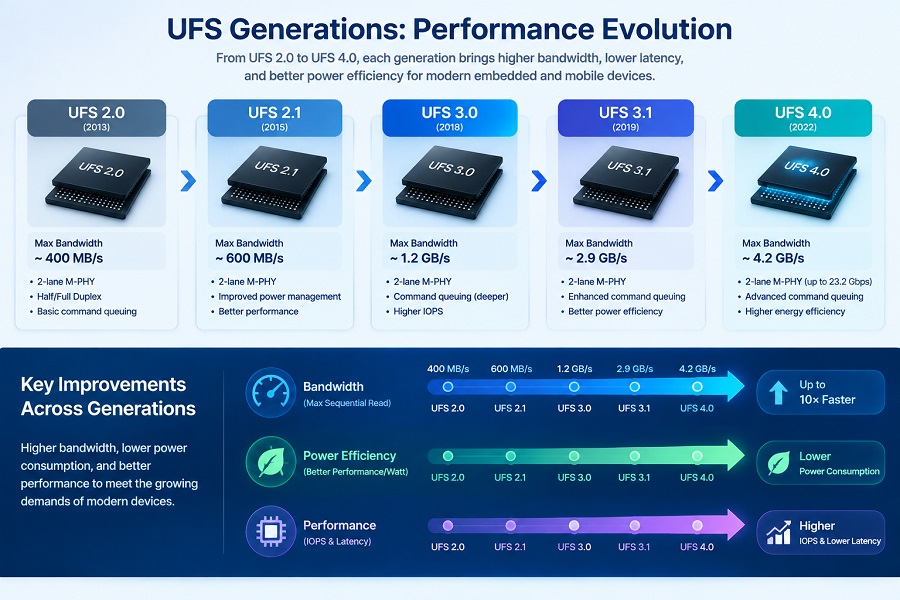 UFS storage generations comparison from UFS 2.0 to UFS 4.0 performance evolution