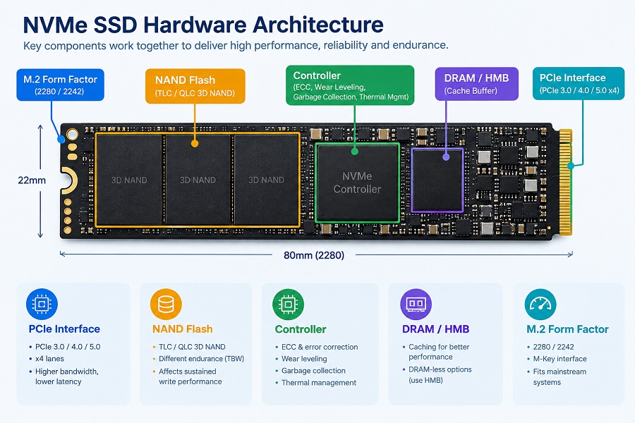 NVMe SSD hardware architecture with NAND Flash controller DRAM and PCIe interface