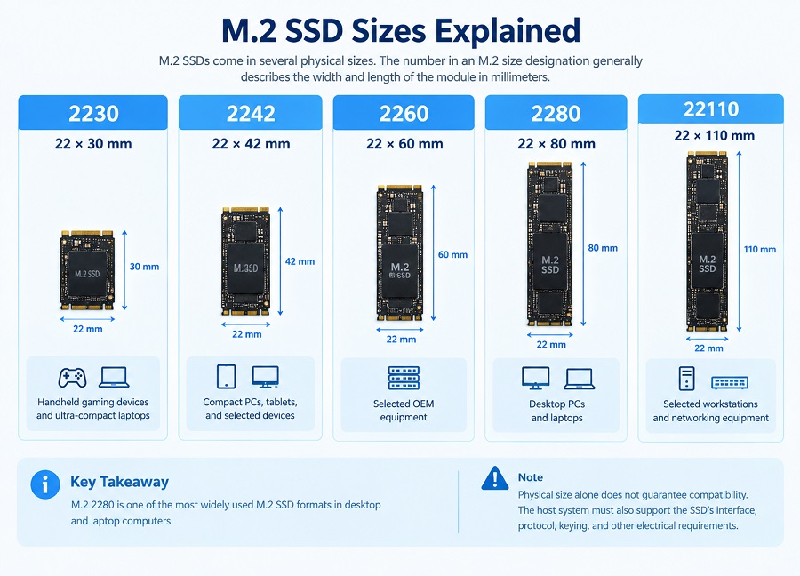 M.2 SSD size comparison of 2230, 2242, 2260, 2280 and 22110