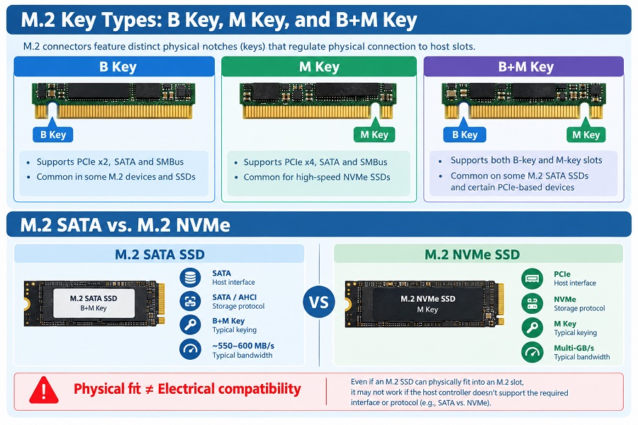 M.2 B Key, M Key and B+M Key comparison with SATA and NVMe SSDs