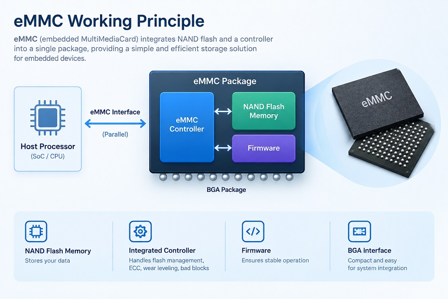 eMMC storage architecture with NAND Flash, controller and firmware