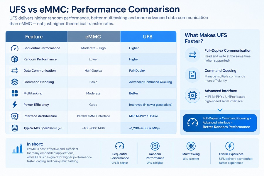UFS vs eMMC performance comparison for sequential and random workloads