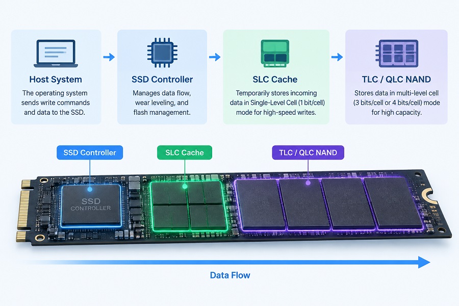 SSD SLC cache architecture showing data flow from host system through controller to TLC QLC NAND flash