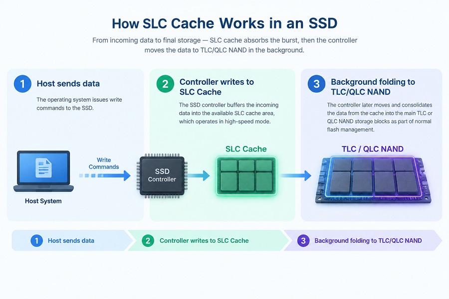 SSD SLC cache workflow showing data transfer from host system to controller and TLC QLC NAND