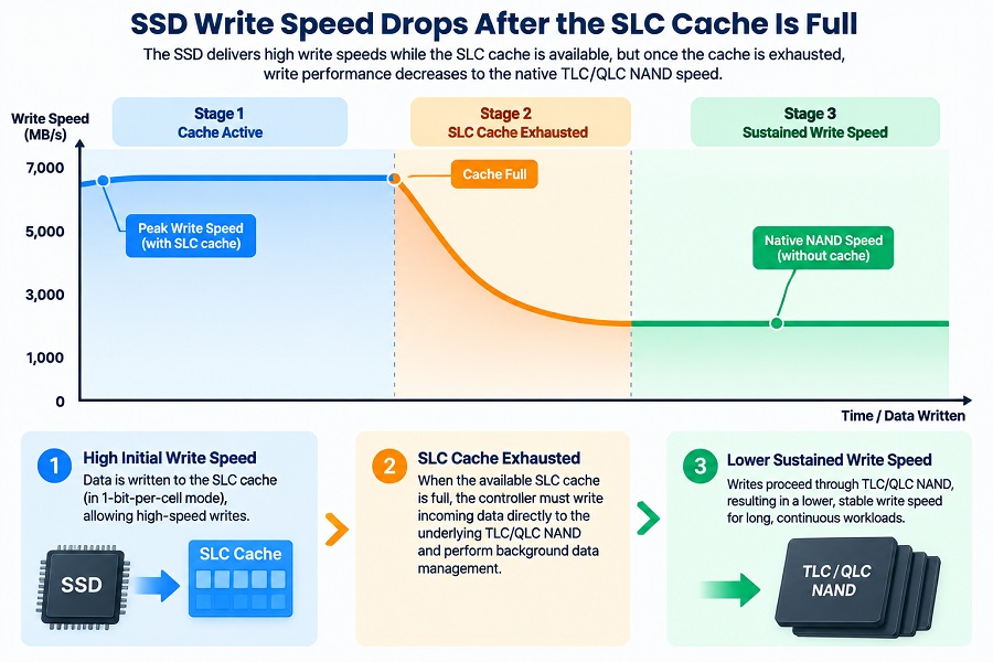 SSD write speed drop after SLC cache is full showing cache active, cache exhaustion, and sustained TLC QLC NAND performance
