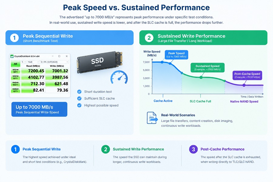 SSD peak write speed vs sustained performance comparison showing sequential write speed, SLC cache exhaustion, and post-cache performance