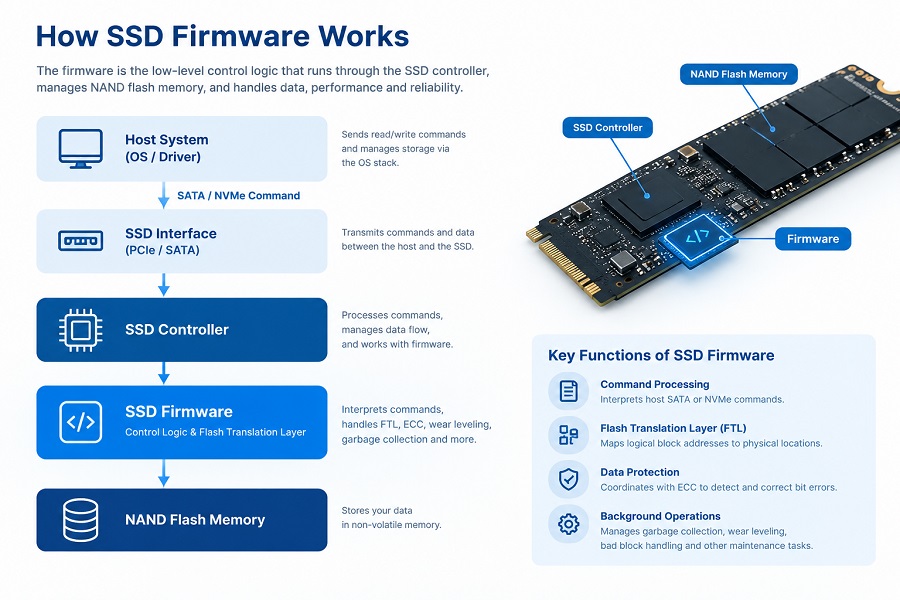 How SSD firmware works: host system, SSD controller, firmware, and NAND flash memory