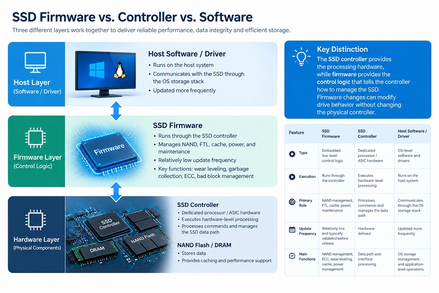 SSD firmware vs controller vs host software comparison diagram