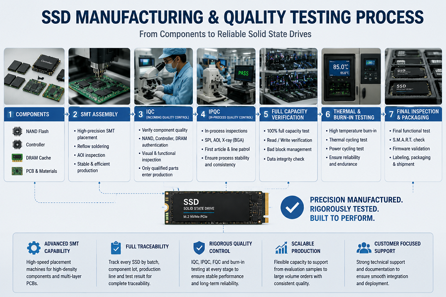 SSD manufacturing and quality testing process from SMT assembly to burn-in testing