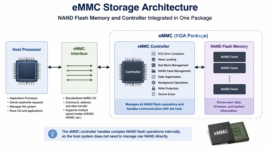 eMMC storage architecture showing NAND flash and integrated controller