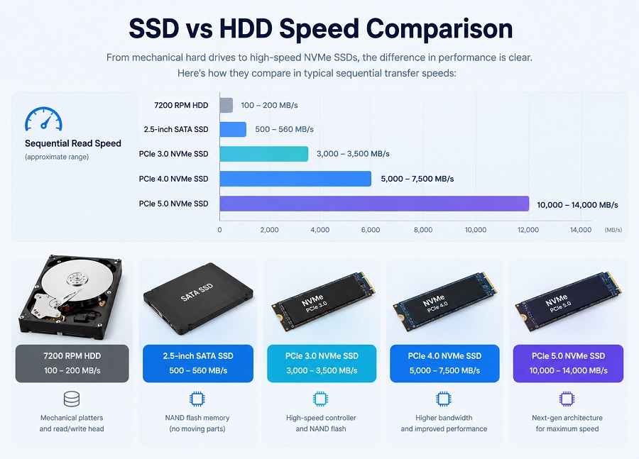 SSD vs HDD speed comparison with SATA SSD and PCIe 3.0, 4.0, and 5.0 NVMe SSDs