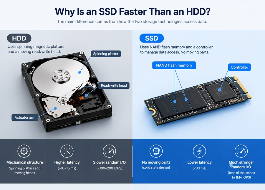 SSD vs HDD comparison showing mechanical parts, NAND flash memory, latency and random I/O performance
