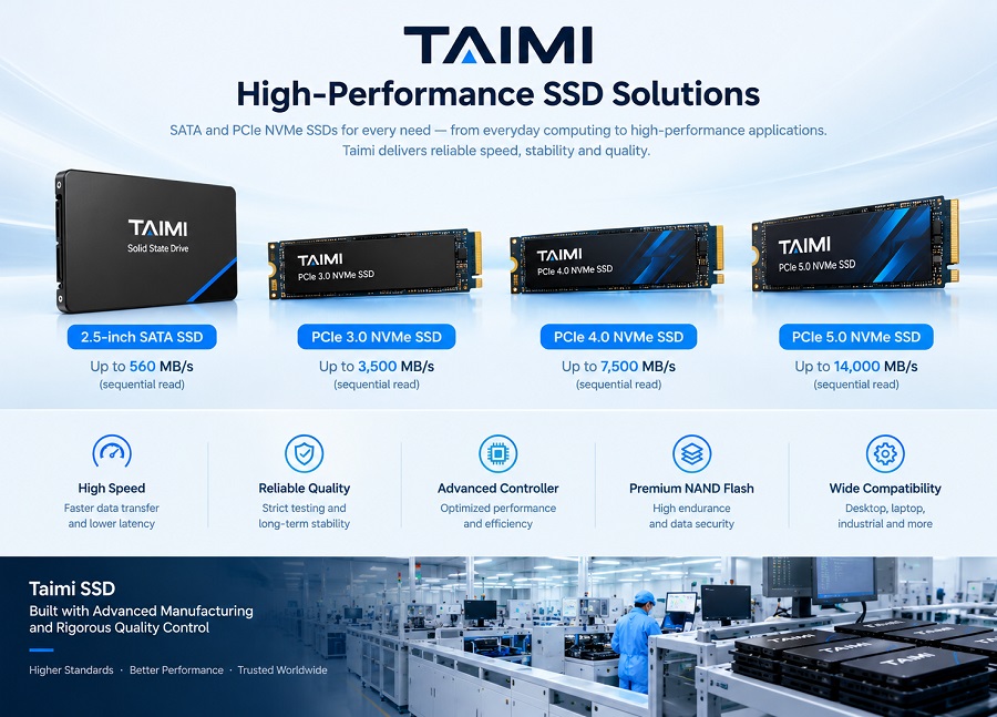 TAIMI SSD product lineup featuring SATA and PCIe NVMe SSDs with high-speed performance and reliable quality