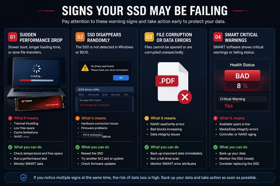 Common SSD failure symptoms including slow speed and detection errors
