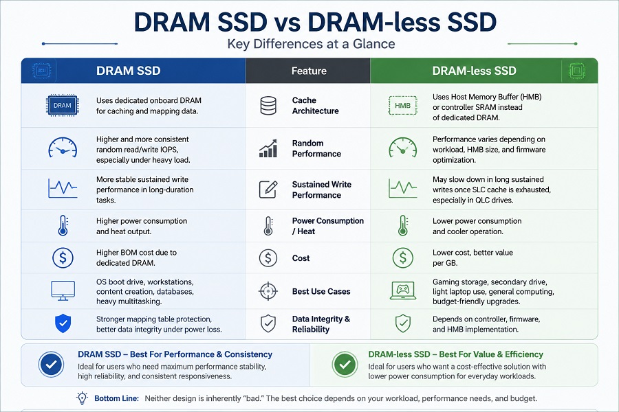 Comparison chart of DRAM SSD and DRAM-less SSD performance characteristics