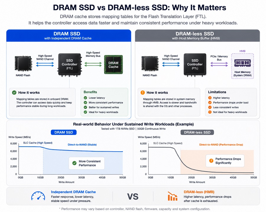 DRAM SSD vs DRAM-less SSD architecture comparison