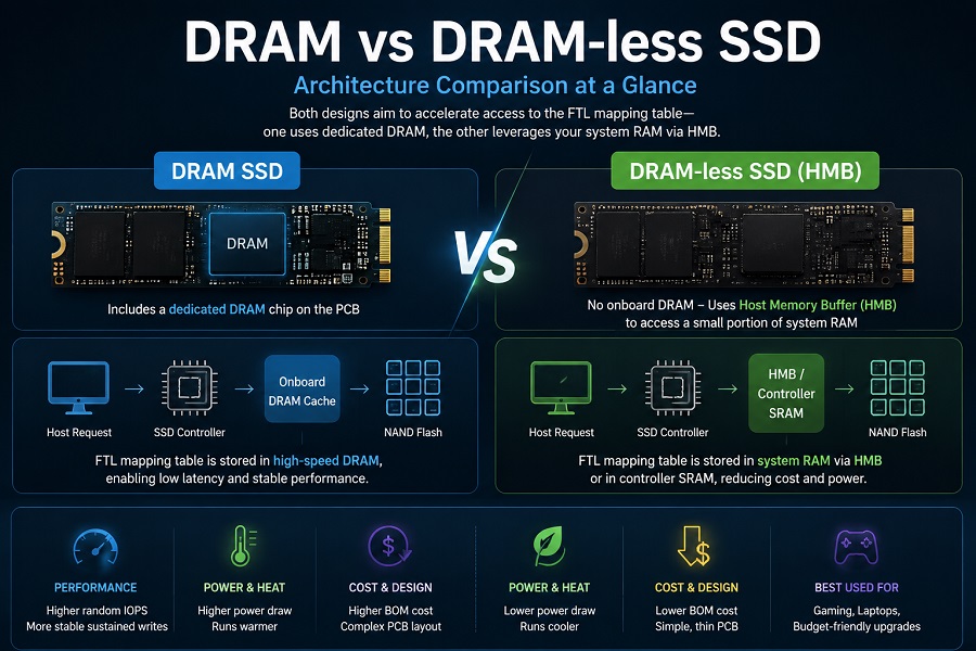 DRAM SSD vs DRAM-less SSD architecture comparison explaining cache design, FTL mapping, and HMB technology