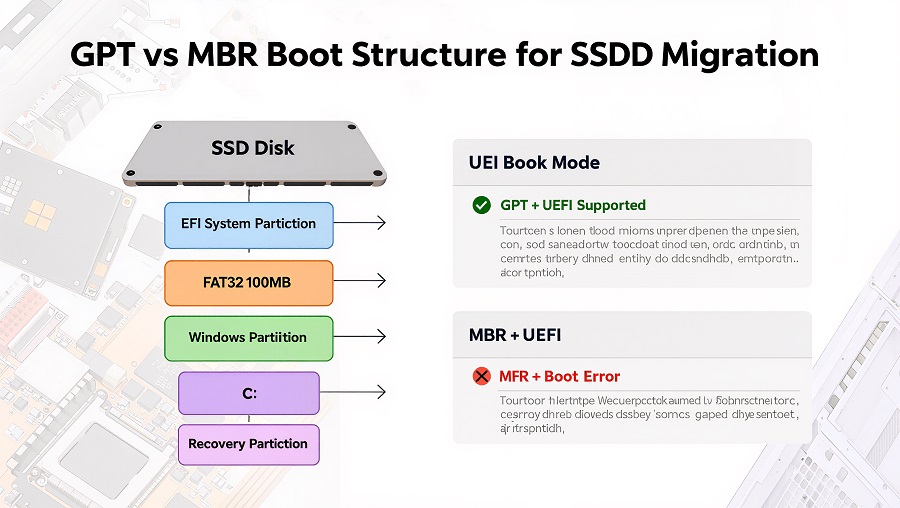 GPT MBR EFI partition structure for cloned SSD boot repair