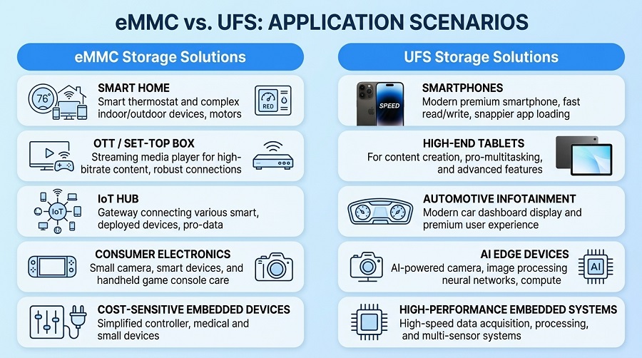 UFS and eMMC storage applications in smartphones, IoT and embedded devices