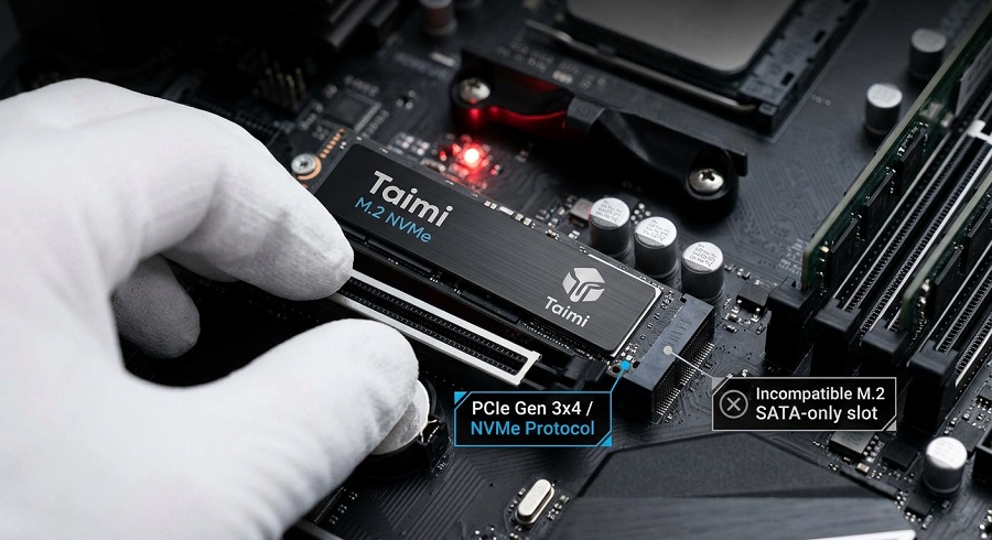 Physical installation and protocol compatibility diagram of a Taimi M.2 NVMe SSD in a motherboard M.2 slot
