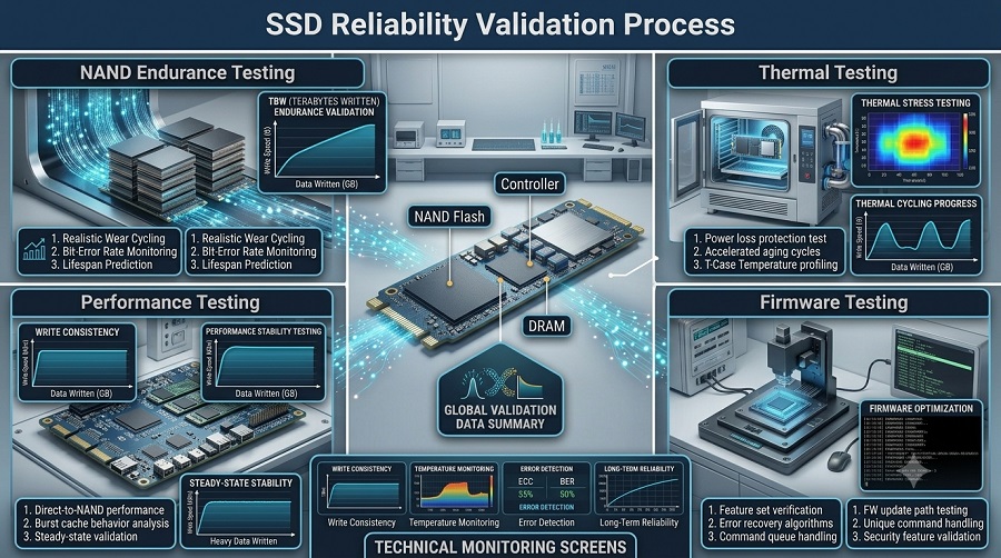 SSD reliability validation process with NAND endurance thermal testing and performance verification