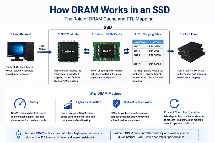 How DRAM works in an SSD showing the controller, DRAM cache, FTL mapping table, and NAND Flash data flow