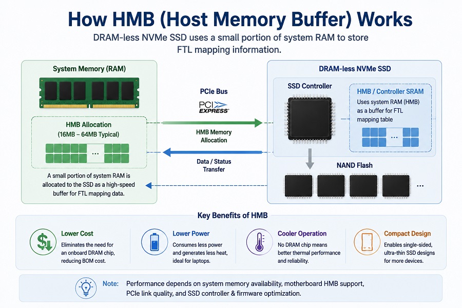 How HMB (Host Memory Buffer) works in DRAM-less NVMe SSD showing system RAM allocation, SSD controller, FTL mapping, and NAND Flash data flow
