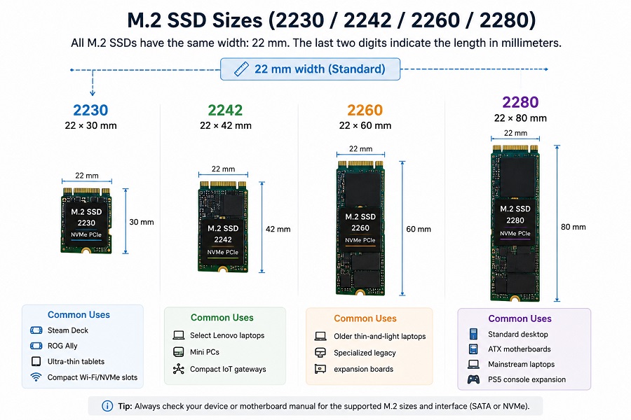 M.2 2230 vs 2242 vs 2260 vs 2280 SSD size comparison diagram