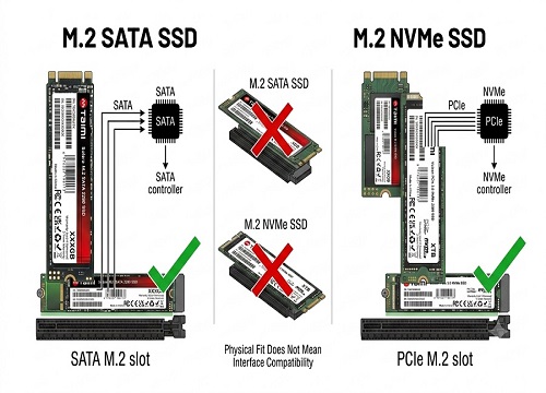 M.2 SATA SSD vs NVMe SSD compatibility comparison showing different interfaces and motherboard slot support