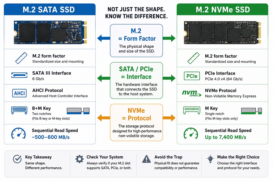 M.2 SATA SSD vs NVMe SSD comparison showing differences in form factor, SATA PCIe interface, AHCI NVMe protocol, key types, and read speed