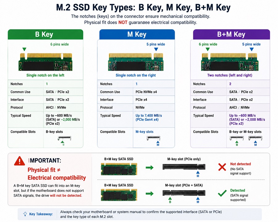 M.2 SSD key types comparison showing B Key, M Key, and B+M Key notch positions and interface compatibility